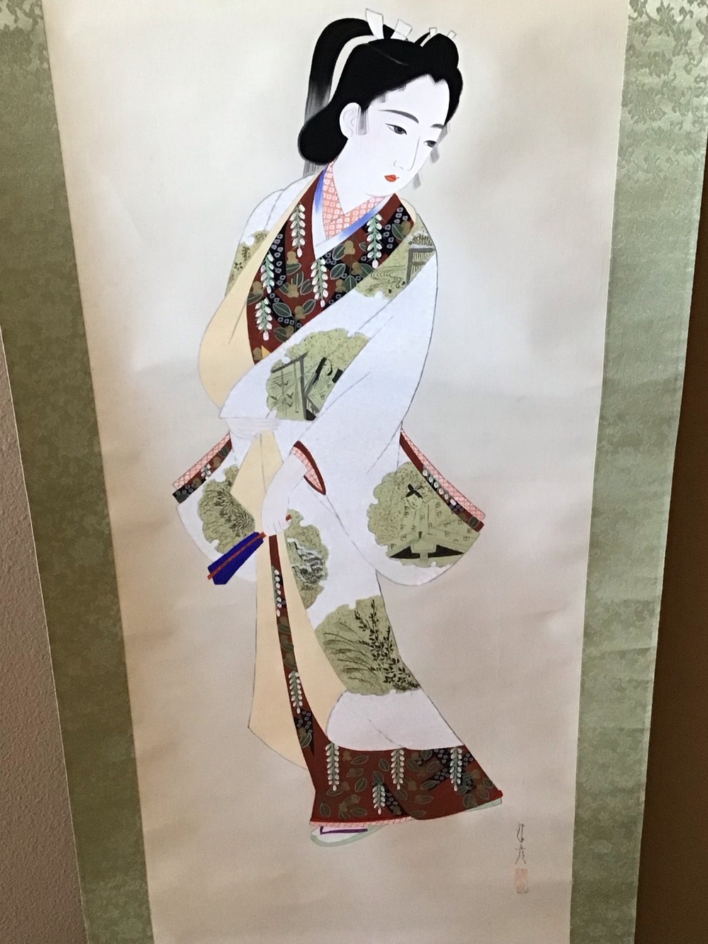 Vintage Japanese Geisha Hanging Scroll Art Handpainted